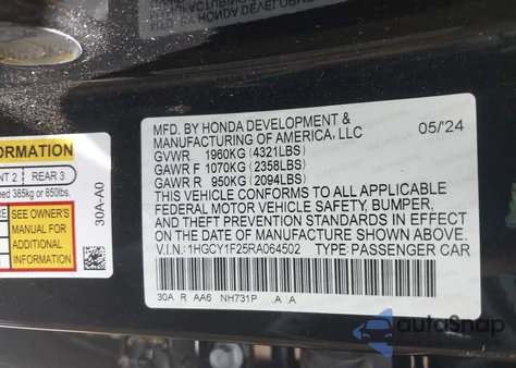 2024 Honda Accord Lx z USA, uszkodzony, nr VIN 1HGCY1F25RA064502